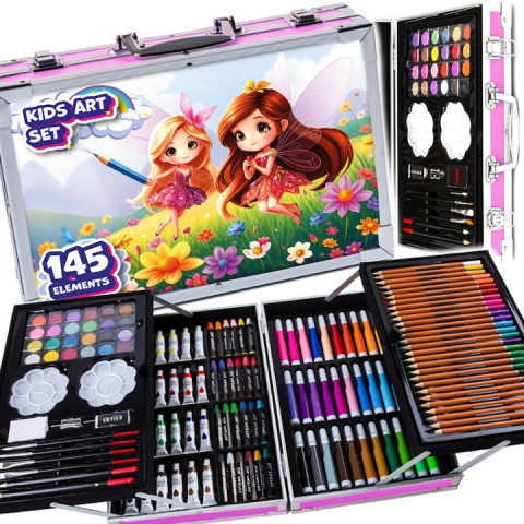 Set de desen si pictura pentru copii, 145 piese, valiza portabila din metal cu sertare, creioane, markere, acuarele, pasteluri, pensule si accesorii, organizare completa, roz [1]