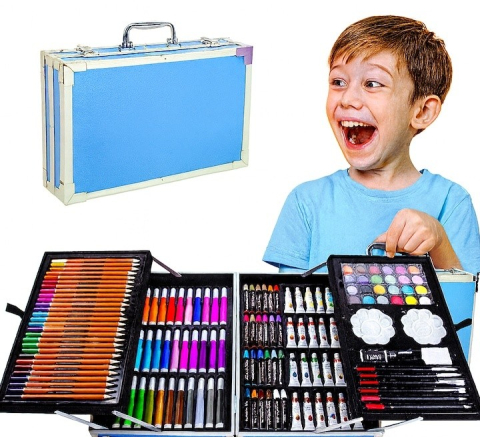 JOCURI ȘI JUCĂRII - Set de desen si pictura pentru copii, 145 piese, valiza portabila din metal cu sertare, creioane, markere, acuarele, pasteluri, pensule si accesorii, organizare completa, albastru