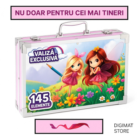 Set de desen si pictura pentru copii, 145 piese, valiza portabila din metal cu sertare, creioane, markere, acuarele, pasteluri, pensule si accesorii, organizare completa, roz [10]