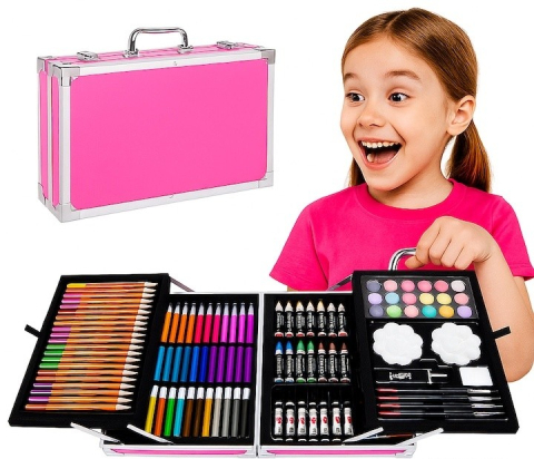 Jucării de desenat - Set de desen si pictura pentru copii, 145 piese, valiza portabila din metal cu sertare, creioane, markere, acuarele, pasteluri, pensule si accesorii, organizare completa, roz