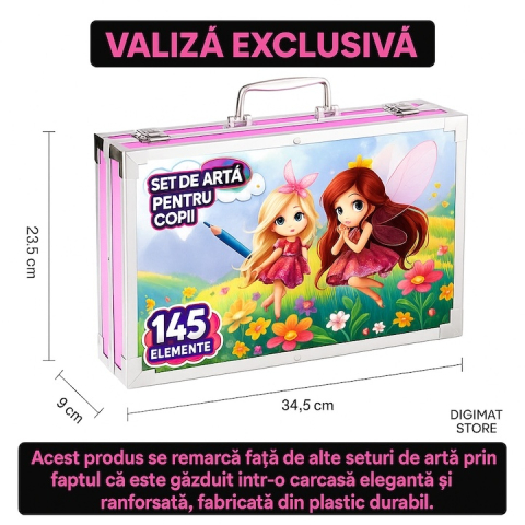 Set de desen si pictura pentru copii, 145 piese, valiza portabila din metal cu sertare, creioane, markere, acuarele, pasteluri, pensule si accesorii, organizare completa, roz [3]