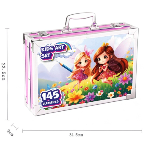 Set de desen si pictura pentru copii, 145 piese, valiza portabila din metal cu sertare, creioane, markere, acuarele, pasteluri, pensule si accesorii, organizare completa, roz [13]