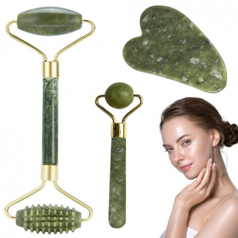 Ustensile îngrijire față - Set de masaj facial, 2 role jade si piatra Gua Sha din jade, capat fin si abraziv - Verde