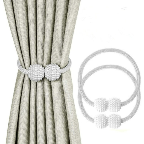 Set de prindere pentru draperii si perdele,4 magneti decorativi imprimati cu margele, tip snur - Alb [2]