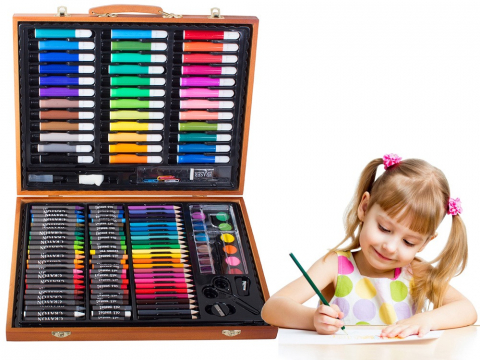 Set desen si pictura pentru copii, 150 piese, creioane, carioci, acuarele, trusa maro din lemn inclusa [15]