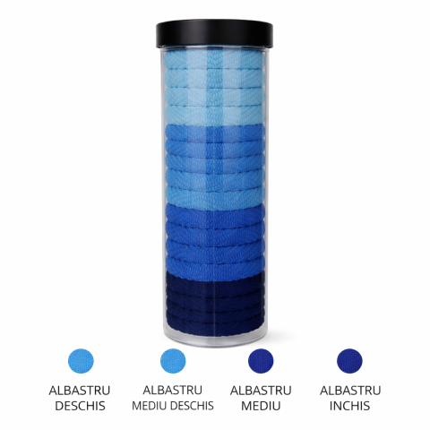 Set elastice par textile 20 piese diametru 4.5 cm nuante albastru cu cutie depozitare pentru prindere par copii si adulti [1]