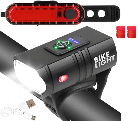 Faruri LED - Set far si stop pentru bicicleta ,model Bike Light, autonomie 4 ore,alimentare USB, rezistenta la apa + set 2 capace valva, rosu
