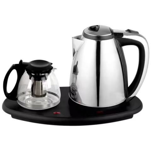 Electronice si electrocasnice - Set fierbator electric din inox, 1800W, capacitate 2l, cana de sticla cu sita de inox 1.5l, termostat automat, suport prevazut cu plita pentru mentinerea calda a bauturilor