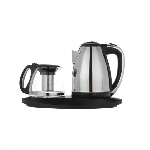 Set fierbator electric din inox, 1800W, capacitate 2l, cana de sticla cu sita de inox 1.5l, termostat automat, suport prevazut cu plita pentru mentinerea calda a bauturilor [1]