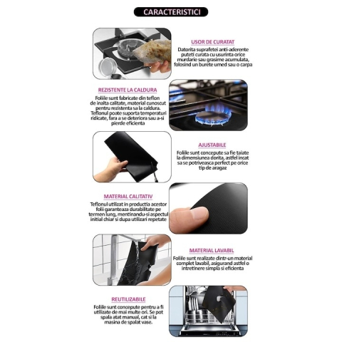Set folii de protectie pentru aragaz si plita, universale, antiaderente, lavabile, rezistente la caldura, reutilizabile, din teflon PTFE, 27x27 cm, negre [2]