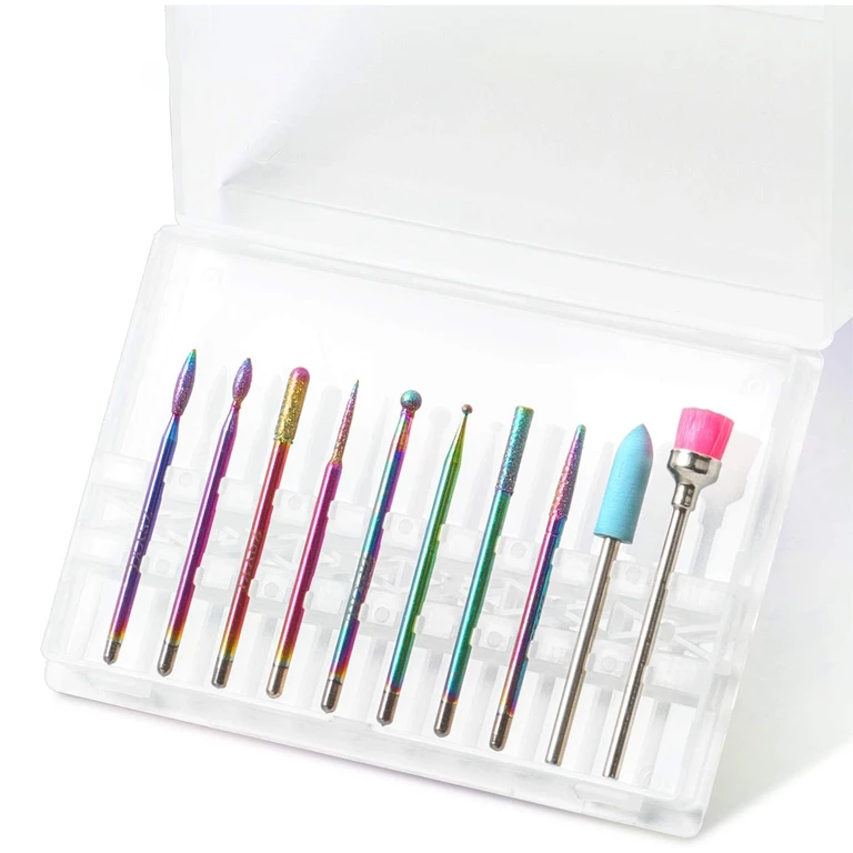 Ustensile îngrijire unghii - Set freze unghii multicolor 10 piese, capete diamantate pentru pila electrica, manichiura, pedichiura, cuticule, gel si acryl, cu cutie depozitare