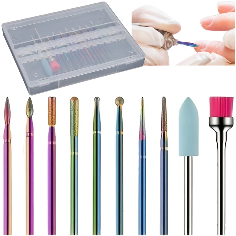 Set freze unghii multicolor 10 piese, capete diamantate pentru pila electrica, manichiura, pedichiura, cuticule, gel si acryl, cu cutie depozitare [9]