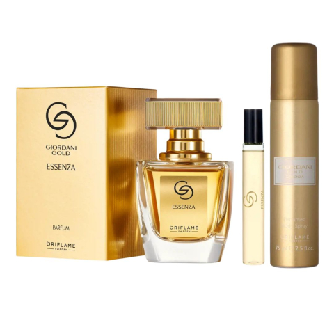 Set Giordani Gold Essenza cu apa de parfum 50 ml, mini parfum 8 ml si deodorant 75 ml, aroma floral-lemnoasa luminoasa pentru femei