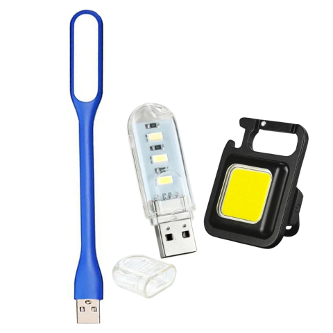 Set iluminare multifunctional – lampa USB flexibila albastra 16.8 cm + lampa USB 3 LED + lanterna COB 800lm reincarcabila cu magnet si clips