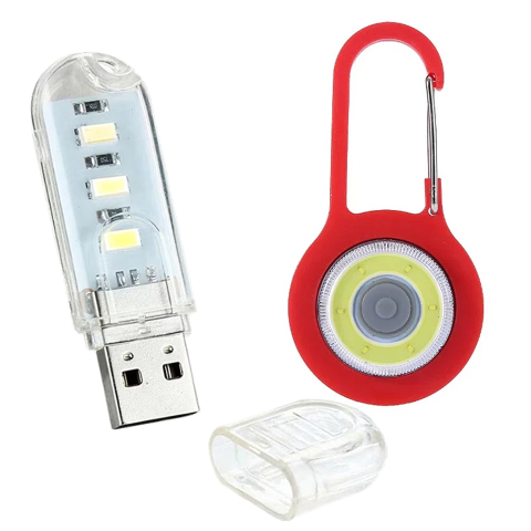 Set iluminare portabil, lampa USB 3W 5V transparenta + lanterna carabiniera LED rosie cu 3 moduri, lumina alba, pentru rucsac si utilizare zilnica