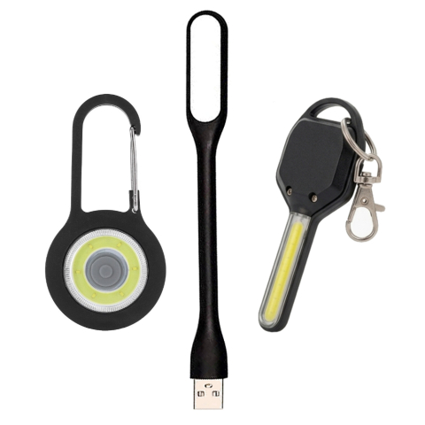 Set iluminare portabil multifunctional, lampa USB flexibila 1.5W 16.8 cm + breloc LED carabiniera + breloc LED compact, 5V, negru, pentru laptop, rucsac si utilizare zilnica