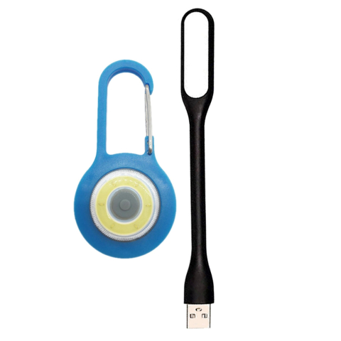 ELECTRONICE - Set iluminare portabil outdoor si birou, lanterna LED cu carabiniera albastra + lampa USB flexibila 1.5W 5V 16.8 cm neagra pentru laptop si EDC