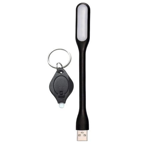 Set iluminare portabil USB, lampa flexibila 1.5W 5V 16.8 cm neagra + mini lanterna breloc LED cu buton on/off, compacta pentru utilizare zilnica