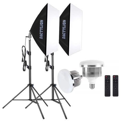 Lumini pentru studio - Set iluminare profesional cu 2 trepiede 200 cm, 2 softbox dreptunghiulare si 2 becuri LED 105W, telecomanda, filet 1/4
