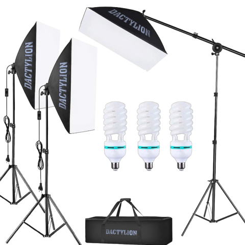 Set iluminare studio cu 2 softbox, 1 softbox cu balanta, 3 becuri fluorescente spiralate 145W, geanta transport, ajustabil 200 cm