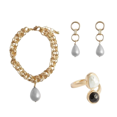 Set Bijuterii Cadou - Set inel, brățară și cercei Avon Lestari – bijuterii elegante aurii cu perle decorative, rafinate și feminine, ideale pentru ocazii speciale și cadouri deosebite