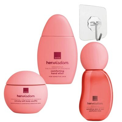 ÎNGRIJIRE PERSONALĂ - Set ingrijire roz Avon HerWisdom Osmanthus, 3 produse, elixir maini 50 ml, souffle corp 180 ml, spray piele si par 100 ml, cuier transparent 5.6 x 5.6 cm