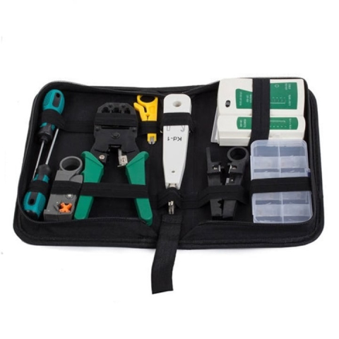 Retelistica & Supraveghere - Set instrumente pentru retea LAN cu tester RJ45/RJ11, cleste sertizare 4/6/8P, stripper, push-in LSA, mufe RJ45, taietoare cablu si husa depozitare – pentru instalare si reparatii