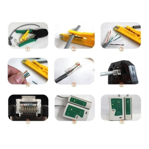 Set instrumente pentru retea LAN cu tester RJ45/RJ11, cleste sertizare 4/6/8P, stripper, push-in LSA, mufe RJ45, taietoare cablu si husa depozitare – pentru instalare si reparatii [1]