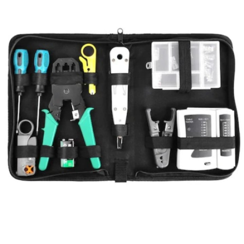 Retelistica & Supraveghere - Set instrumente retea 13 in 1 cu tester RJ45/RJ11, cleste sertizare 3 in 1, dezizolatoare, surubelnite, capete RJ45, coliere, baterie 9V si husa – pentru instalare si reparatii LAN, alb