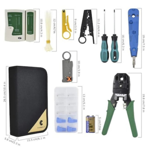 Set instrumente retea 13 in 1 cu tester RJ45/RJ11, cleste sertizare 3 in 1, dezizolatoare, surubelnite, capete RJ45, coliere, baterie 9V si husa – pentru instalare si reparatii LAN, alb [1]