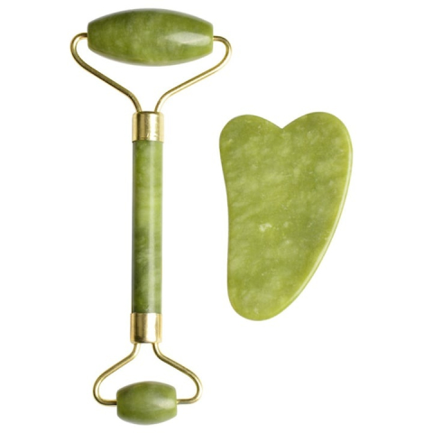 Set Jade Roller si Gua Sha, piatra naturala de jad, verde, masaj facial pentru lifting, relaxare, reducerea cearcanelor si stimularea circulatiei, uz casnic