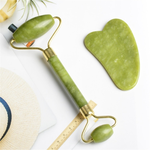 Set Jade Roller si Gua Sha, piatra naturala de jad, verde, masaj facial pentru lifting, relaxare, reducerea cearcanelor si stimularea circulatiei, uz casnic [4]