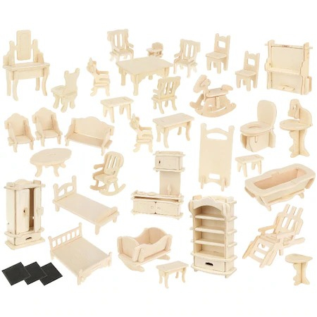 Alte jucarii copii - Set mobilier din lemn pentru casuta papusilor, 34 obiecte de mobilier, 175 elemente