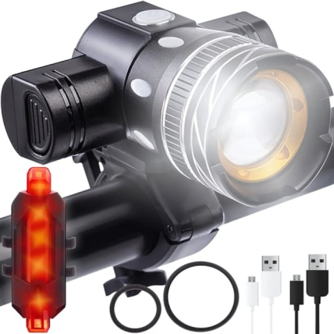 Set lumini bicicleta fata si spate, LED 300 lumeni, 3 moduri de iluminare, maner rotativ 360°, zoom, rezistent la apa IPX6, acumulator reincarcabil, instalare usoara, cablu USB inclus, negru