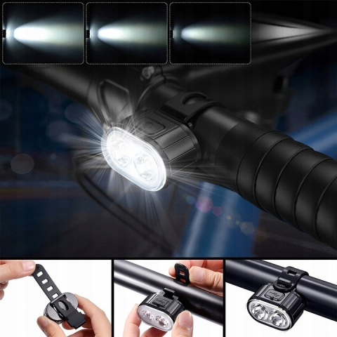 Set lumini bicicleta LED USB, far fata si stop spate, reincarcabile, 6 moduri iluminare, rezistente la apa, montaj rapid, negru [4]
