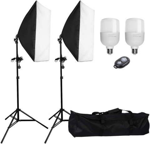 Softbox-uri - Kit de 2 softboxuri, 2 trepiezi reglabili 200 cm, 2 becuri LED 105W, telecomanda bluetooth pentru telefon, geanta de transport inclusa