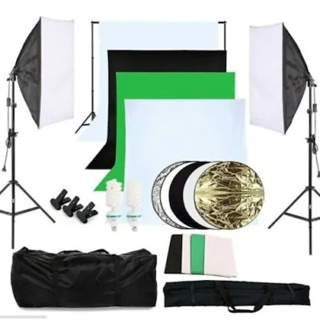 Kit studio complet - Kit foto studio,2 lumini softbox,suport fundal 2x3 m,4 panze fundal,2x bec 135W,reflector 5in1 + geanta transport
