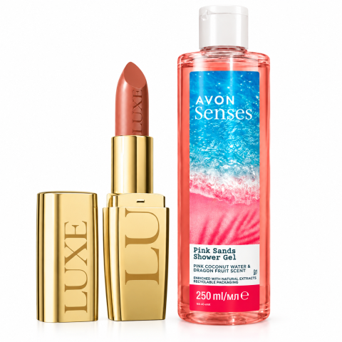 COSMETICE - Set Luxe Lustering Nude, Ruj pentru Buze + Gel de Dus Senses Pink Sands 250 ml, Avon