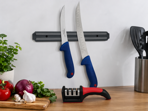 Set macelarie bucatarie cu cutit Chef 38 cm, cutit filetat 30 cm, otel inoxidabil, manere albastre, ascutitoare si suport magnetic [1]