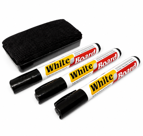 PAPETARIE & BIROTICA - Set markere whiteboard, negru, 3 bucati, cu burete pentru tabla magnetica, markere 14 cm, scriere 2-3 mm