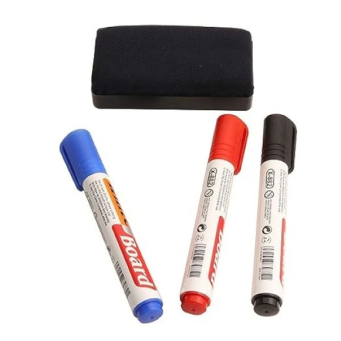 PAPETARIE & BIROTICA - Set markere whiteboard reutilizabile, 3 culori, negru, rosu si albastru, cu burete pentru tabla magnetica, markere 14 cm, stergere usoara