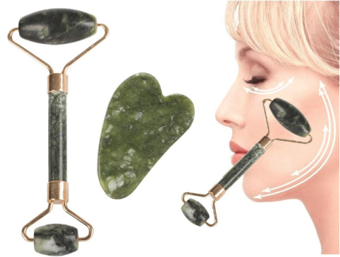 Set Masaj Facial 2 in 1, Rola Jad Verde si Piatra Gua Sha, Detalii Aurii, Anti-Rid si Relaxare [3]