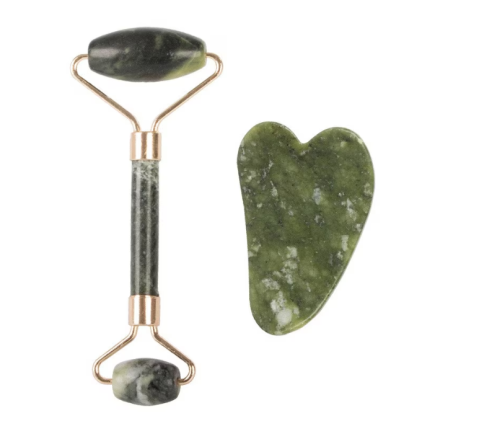 Aparate ingrijire personala - Set Masaj Facial 2 in 1, Rola Jad Verde si Piatra Gua Sha, Detalii Aurii, Anti-Rid si Relaxare