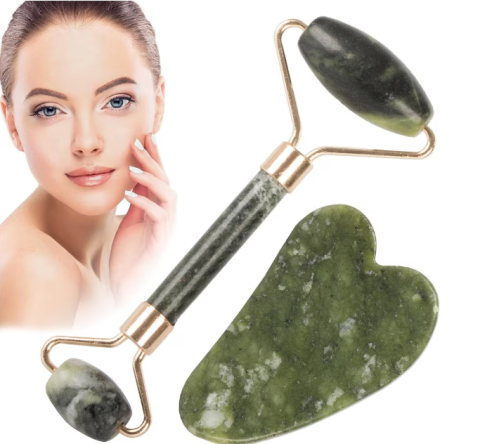 Set Masaj Facial 2 in 1, Rola Jad Verde si Piatra Gua Sha, Detalii Aurii, Anti-Rid si Relaxare [1]