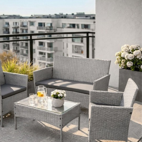 Set mobilier gradina ratan gri deschis cu canapea 2 locuri, 2 fotolii si masa sticla, perne incluse, rezistent exterior [7]