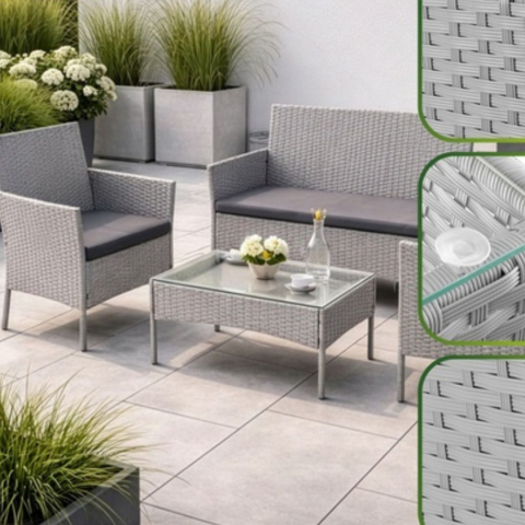 Set mobilier gradina ratan gri deschis cu canapea 2 locuri, 2 fotolii si masa sticla, perne incluse, rezistent exterior [4]