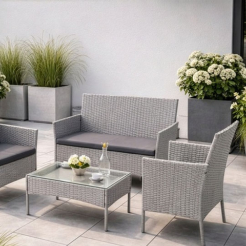 Set mobilier gradina ratan gri deschis cu canapea 2 locuri, 2 fotolii si masa sticla, perne incluse, rezistent exterior [5]