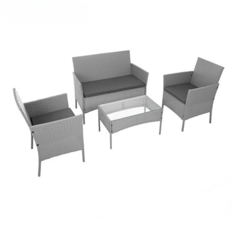 Set mobilier gradina ratan gri deschis cu canapea 2 locuri, 2 fotolii si masa sticla, perne incluse, rezistent exterior [14]