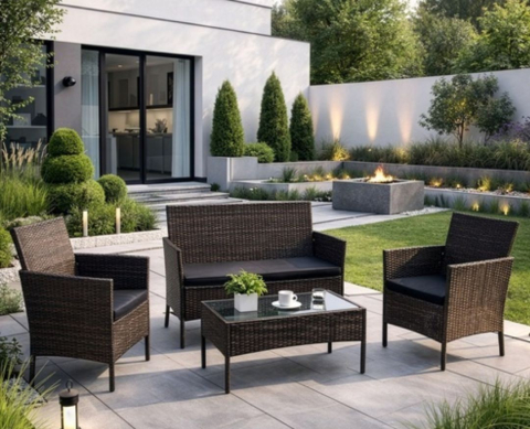 Set mobilier gradina ratan maro cu canapea 2 locuri, 2 fotolii si masa sticla, perne incluse, rezistent exterior [13]