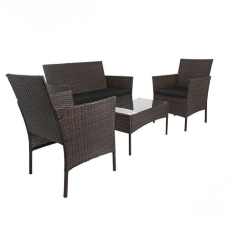 Pavilioane - Set mobilier gradina ratan maro cu canapea 2 locuri, 2 fotolii si masa sticla, perne incluse, rezistent exterior